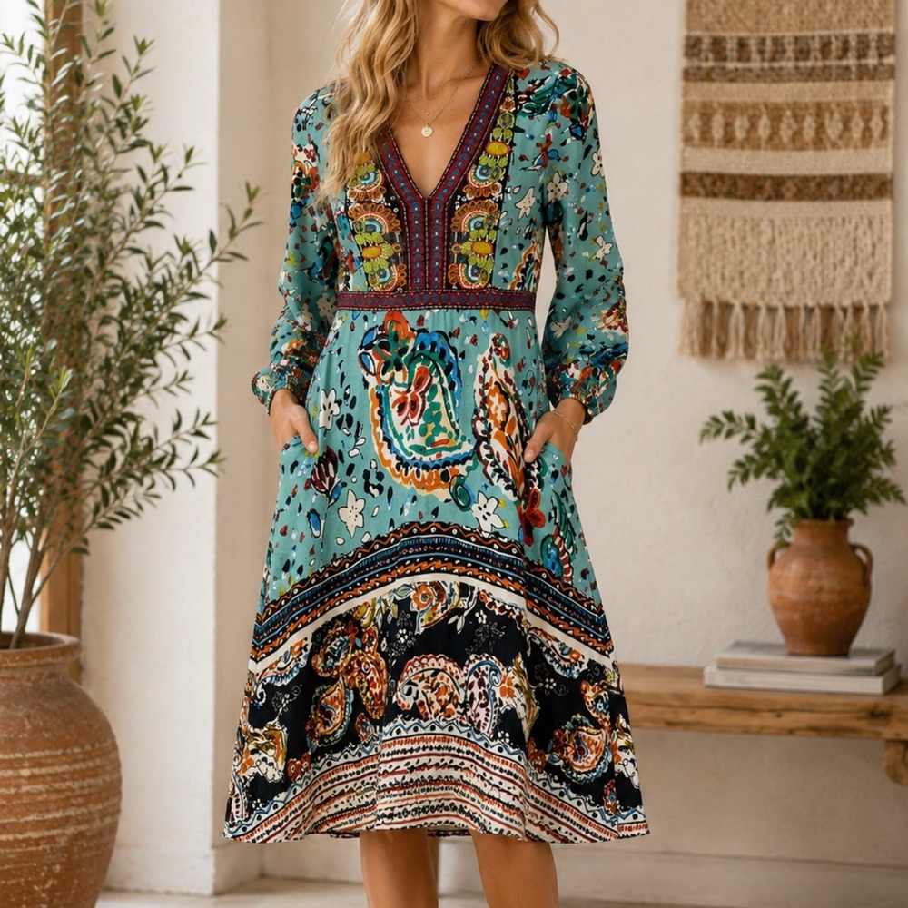 Anthropologie Akemi + Kin Size 4 Embellished Embroidered Boho Paisley Midi Dress